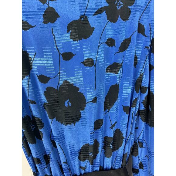 Vintage JJ Dean 90s Blue Black Floral Wide Collar Secretary Cocktail Dress Sz 8 - Picture 6 of 9